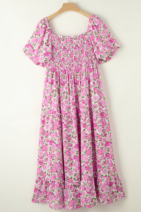 Pink Dainty Floral Smocked Puff Sleeve Flowy Long Dress